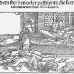 Houtsnede van tervende lijders aan de pest uit 1532. Wikimedia Commons.